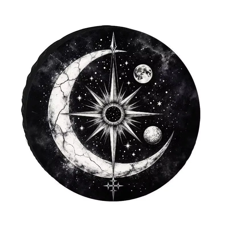 Cosmic Starry Sky Spare Tire Cover Moon Sun Star Pattern Dust-Proof Polyester Tire Protector for SUV