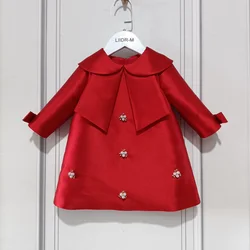 New Girls Western Style Long-Sleeved RedAWord PrincessAExpansion Skirt Handmade Pearl Diamond Dress Skirt