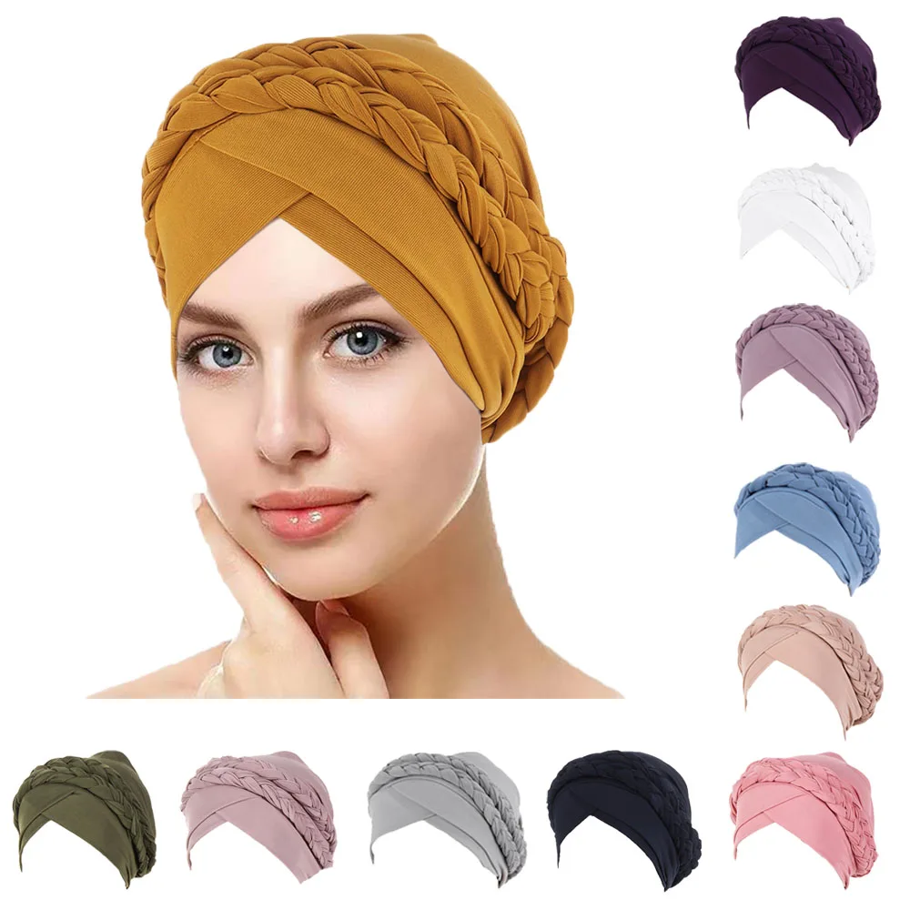 

India Hijabs Elastic Inner Hat Chemo Cap Braid Forehead Cross Islamic Underscarf Muslim Turban for Women Bonnet Cancer Head Wrap