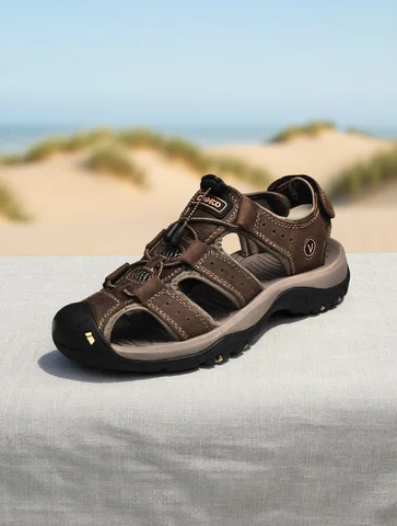 CLOHOO Men's Sandals Handmade Thick Bottom Rubber Breathable Casual Slip-On Beach Shoes Leather Upgraded Version