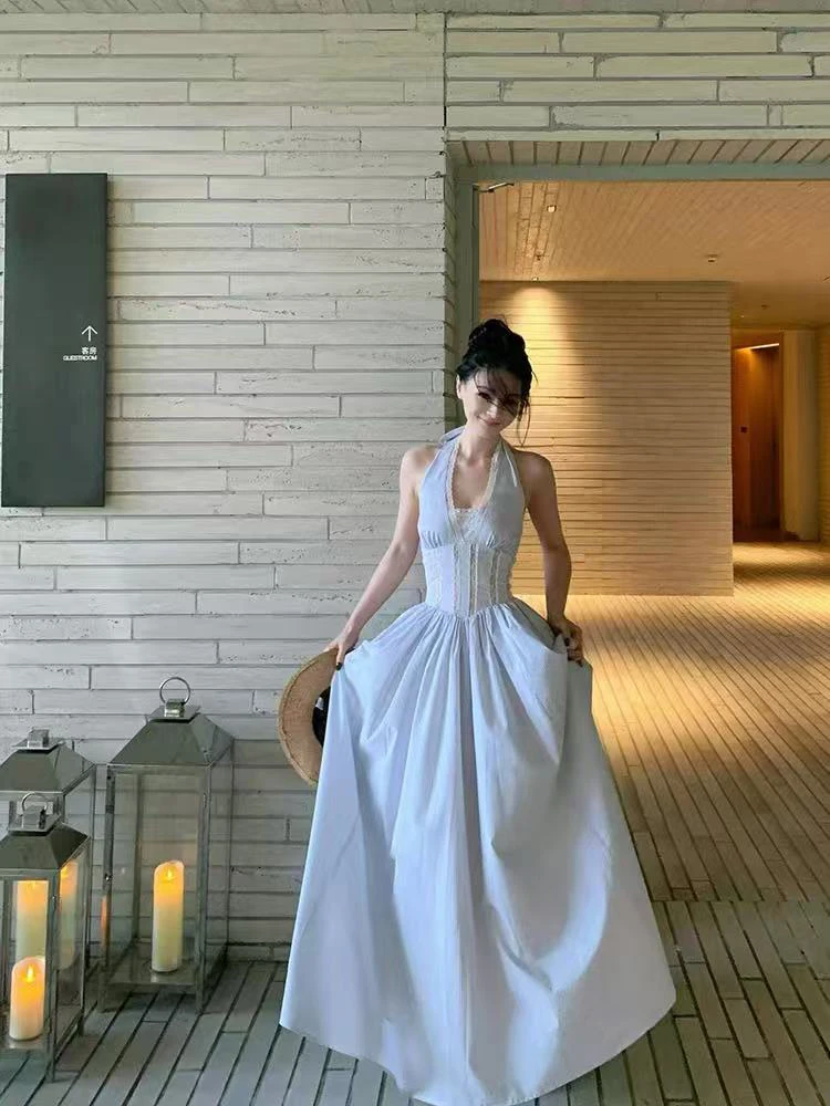 Elegancka sukienka midi damska z dekoltem typu halter, modna, z koronkowymi wstawkami, dopasowana, w stylu Y2K, seksowna, bez pleców, idealna na lato, na plażę i wakacje, Vestidos