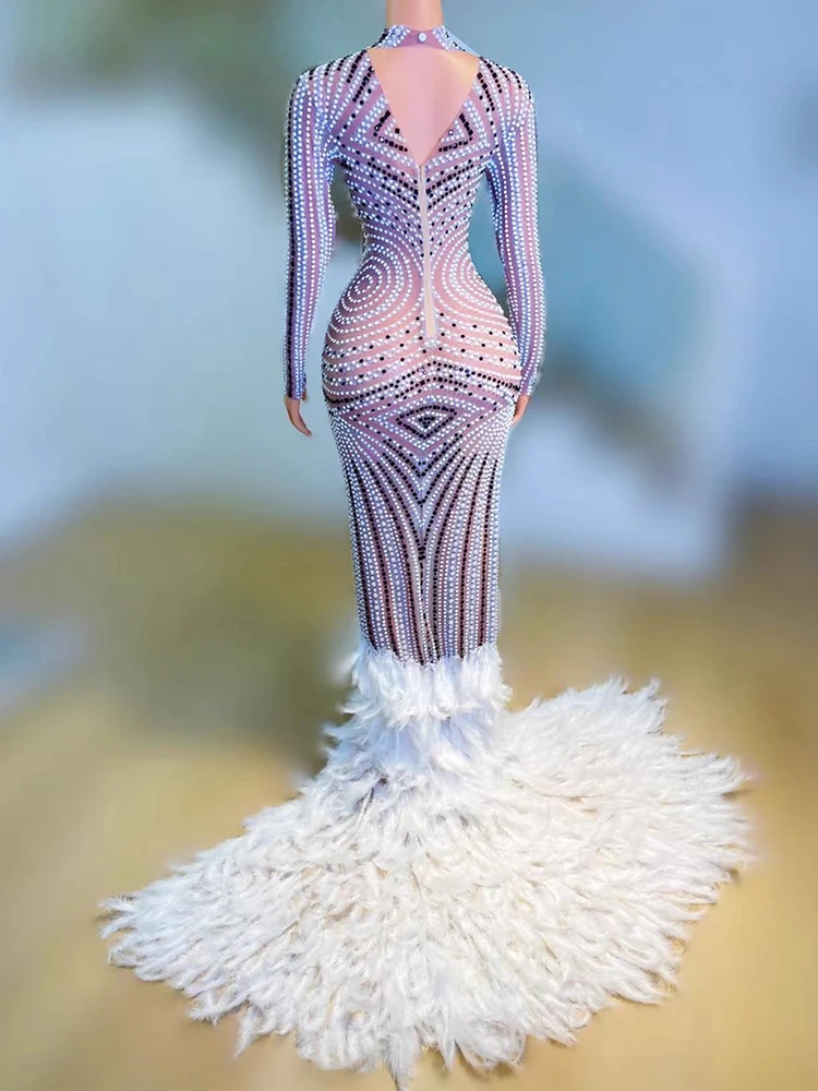 High Quality Rhinestone Feather Splicing Sexy Elastic Dress 2025 New Fashion Custom Women'S Clothing