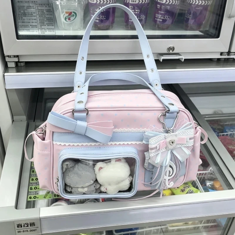 Japanese Sweet Polka Dot Bow Shoulder Bag Lolita Delicate Ribbon Strap Transparent Handbag Student Commuting Crossbody Bag New