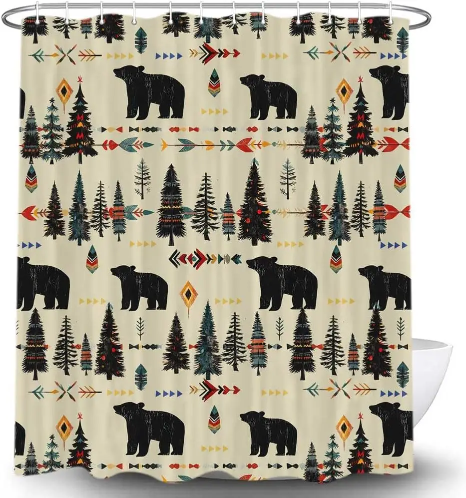 ستارة دش الدب الريفي، مجموعة ستائر الدش العتيقة لمقصورة المزرعة والريفية والحياة البرية في الغابات، والتخييم في الصيد الغربي