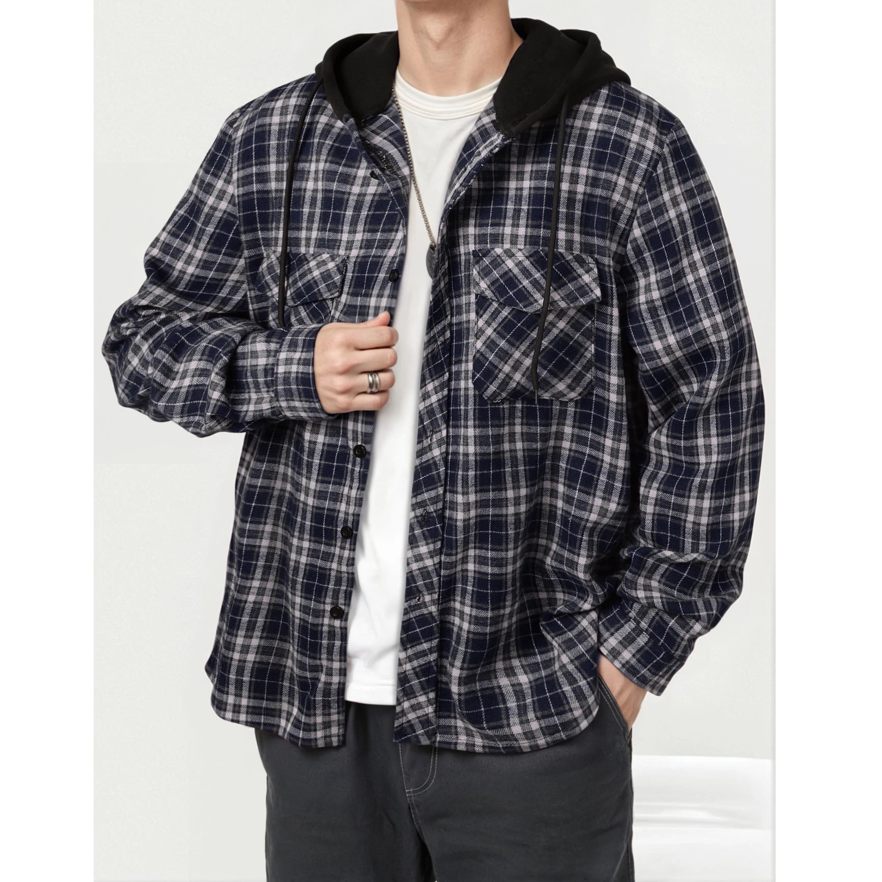 Mens Plaid Shirt Jacket Fleece Lined Long Sleeve Button Down Casual Hooded Tops for Fall Winter Daily Wear