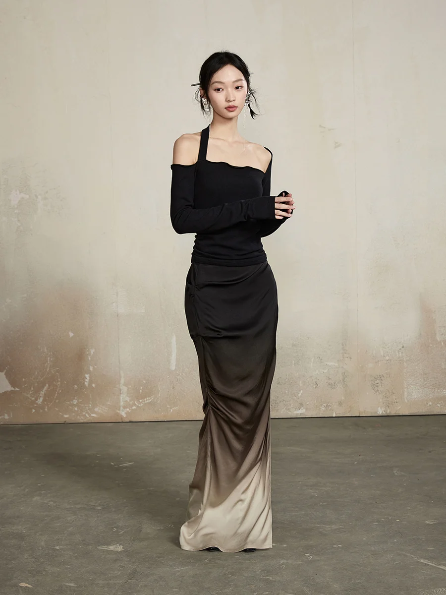 

ONMOON Original Spring Bla Knitted oulder Bared T irt Top with Fi Tail Skirt Two Piece Set Long Sve Cotton Blend P...