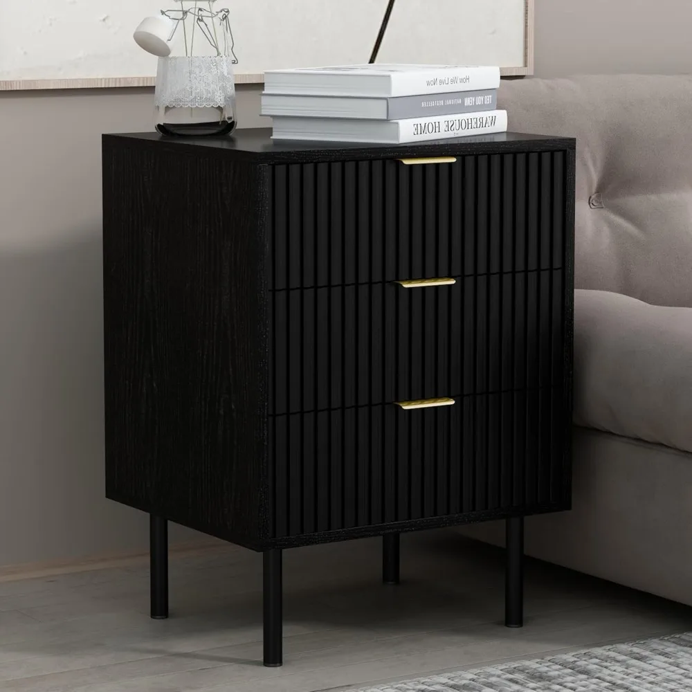 Fluted Black Nightstand 3 Drawers, 19