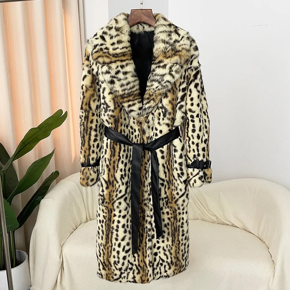 

Luxury Long Leopard Belted Oversized Rabbit Fur Overcoat Women Witer Warm Coats Fashion Fluffy Mob Wife Vibe Outerwear Clothing