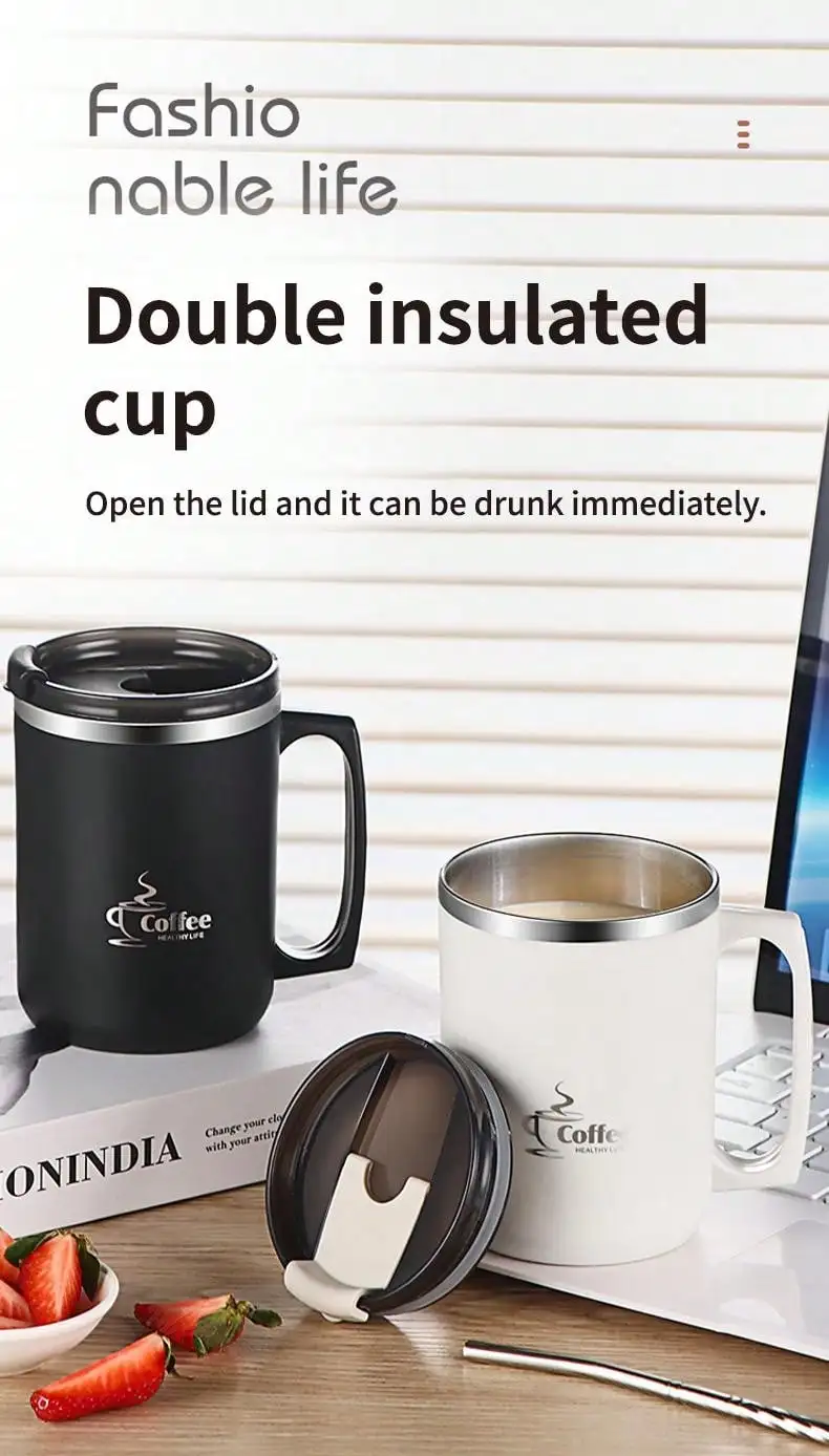 Description Picture 2 of itemWORTHBUY Reusable Insulated Coffee Mug 304 Stainless Steel Water Cup For Student Adult Anti-scald Drinking Cup With Handle & Lid