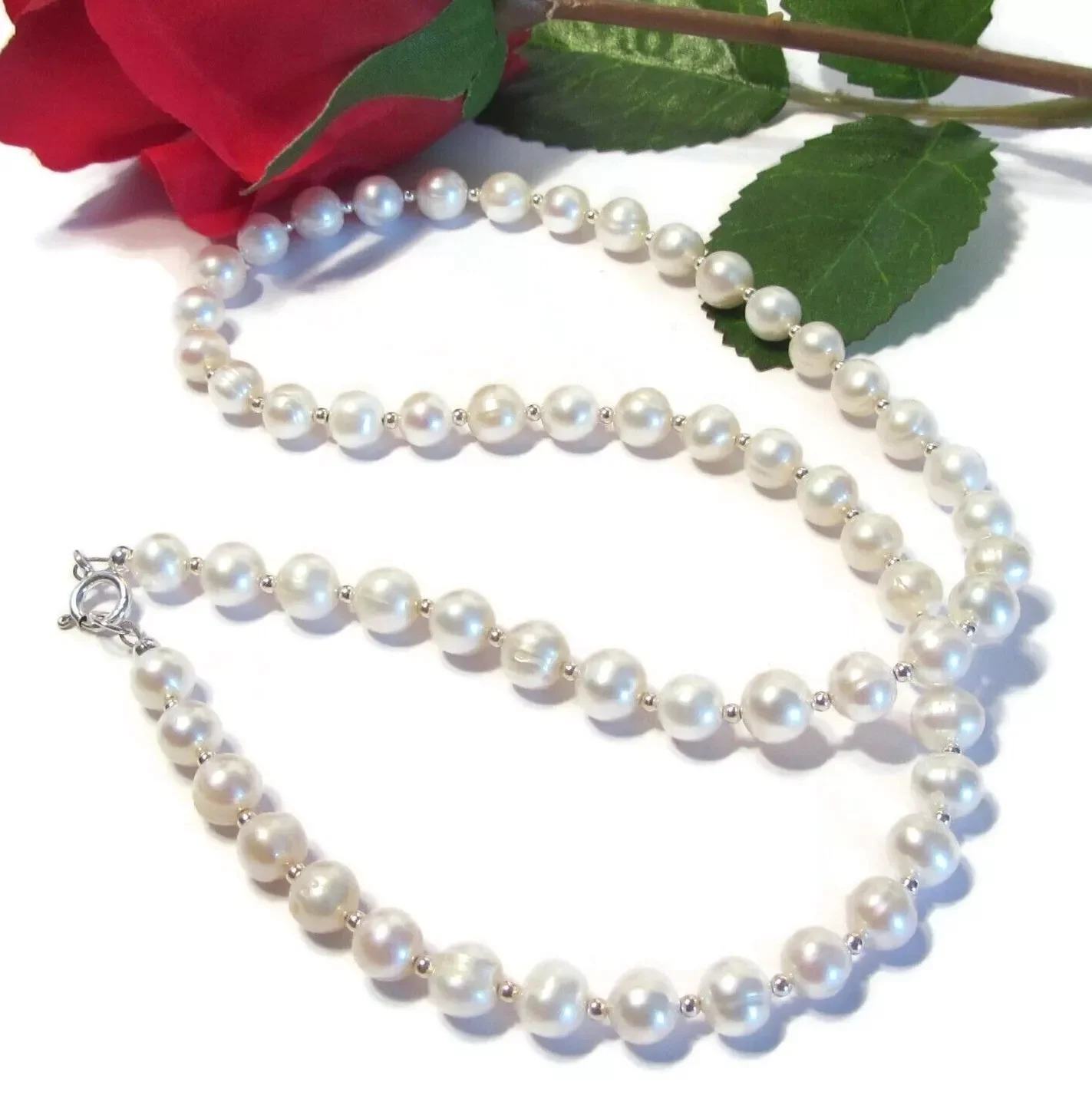 Perfect Pearl Necklace AAA 7-8mm, Natural Japanese Round White Pearl Necklace 925 16/36 inches