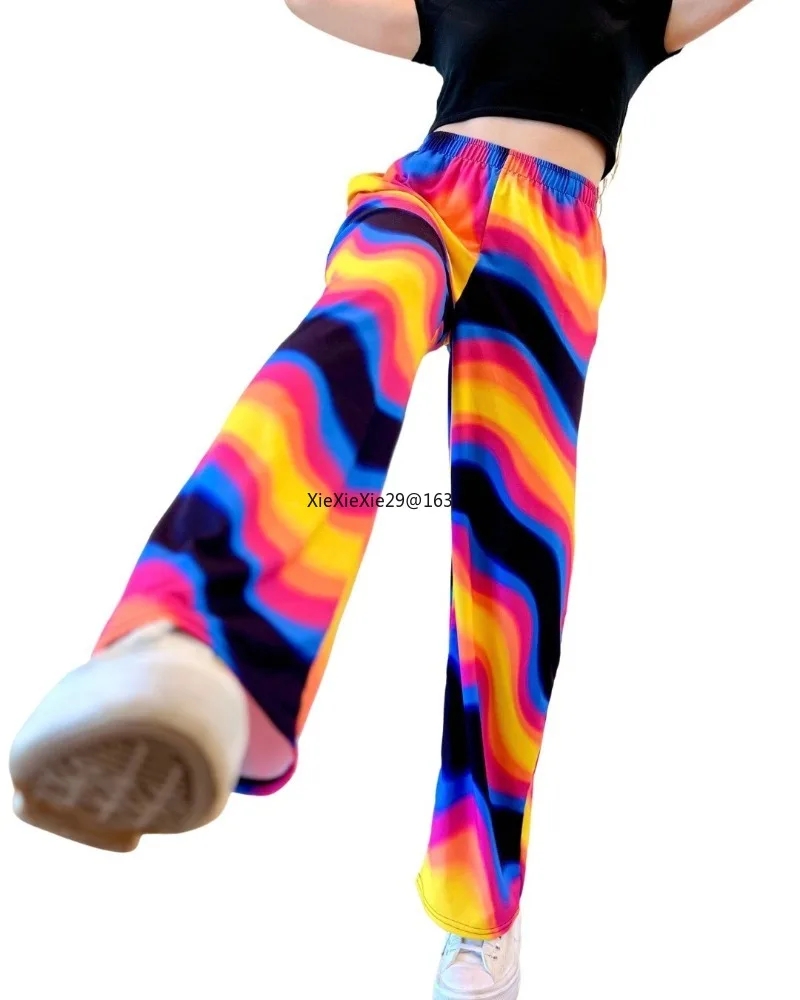 Cyber Style Purple Green Wave Wide Leg Pants Fluorescent Contrasting Subculture Personality Children's Adult Summer Casual Pants