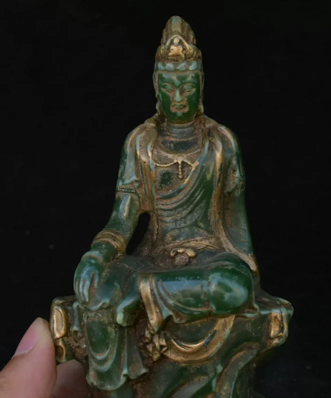 6'' Old China Green Jade Gilt Carving Kwan-yin GuanYin Quanyin Goddess Statue