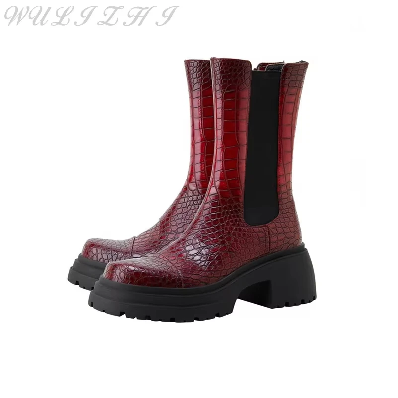 

Women's British Style Round Toe Boots Thick Sole Fine Plaid Slip on Booties Ankle Vintage Platform Female Shoes Comfortable