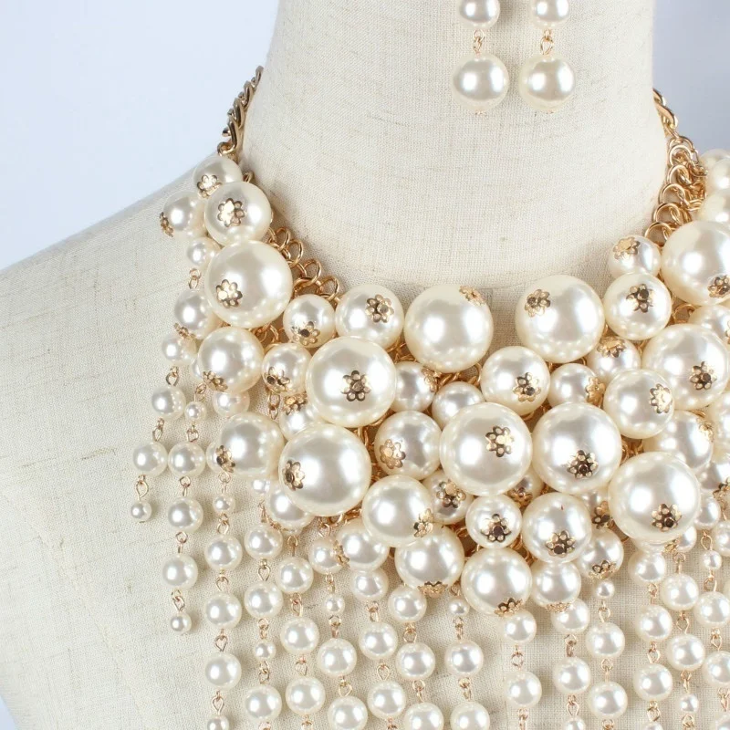 Multi-Layer White Imitation Pearl Necklace Bead Chain Punk Ladies Wedding Long Clavicle Necklac Girl Charm Banquet Jewelry