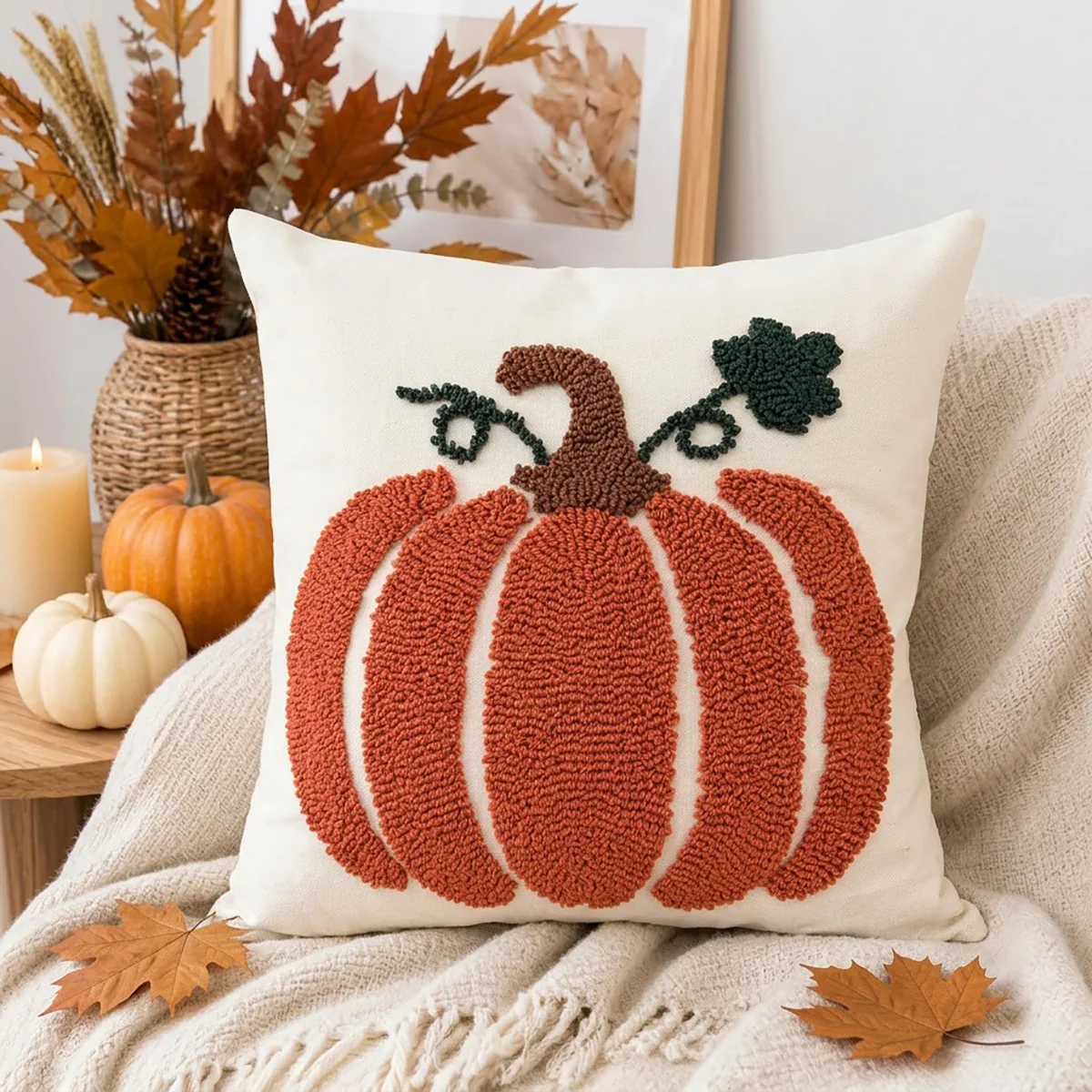 45x45cm Halloween Autumn Pumpkin Towel Embroidery Throw Pillow Cover Square Decor Cushion Case Seasonal Home Decor Pillowcase