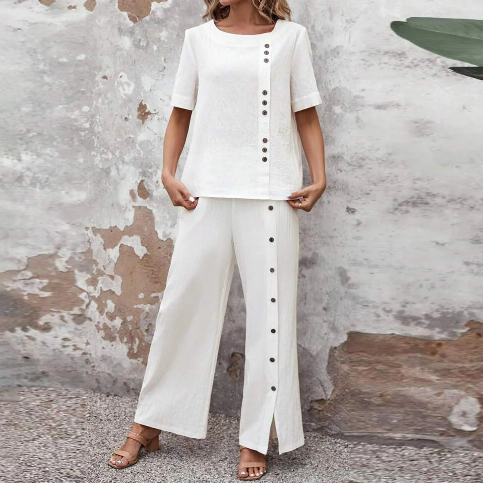 2 Piece Set Women's Clothing Button Up Short Sleeved Top Slit Long Pants Set White T Shirt White Trousers Leisure Elegant Set