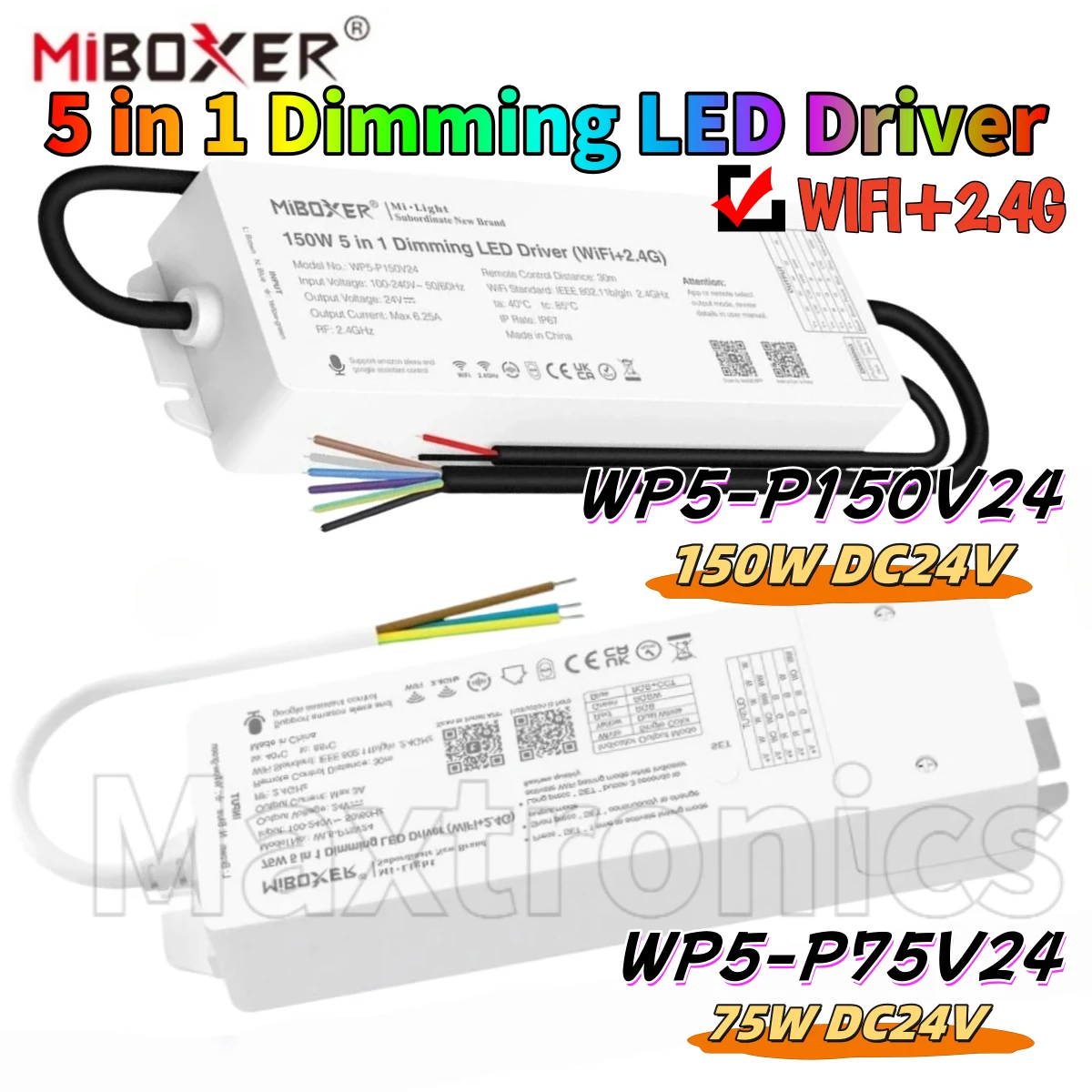 WiFi 2.4G 5 in 1 Dimming LED Driver DC24V 75W/150W Waterproof Wireless RF Control Power Single Color Dual White RGB RGBW RGB+CCT