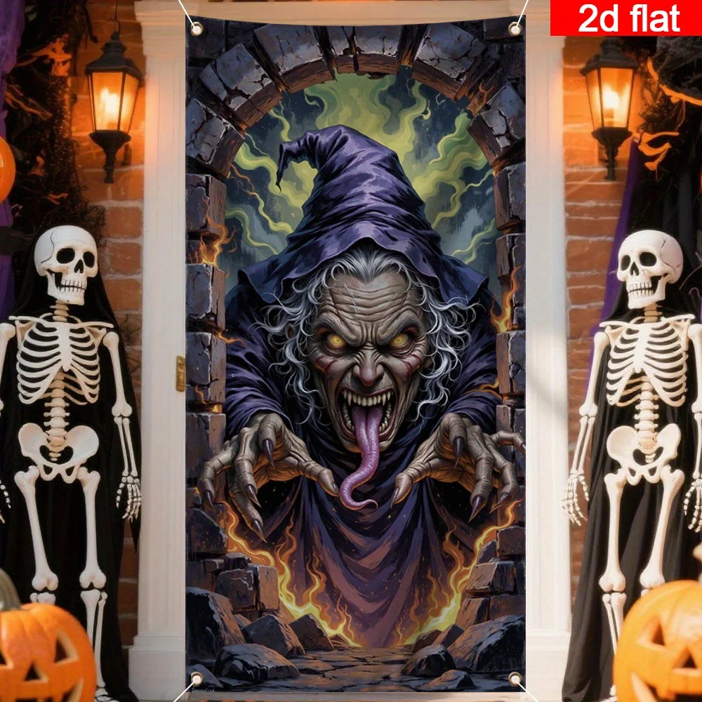 طائرة ثنائية الأبعاد، لافتة باب ثنائية الأبعاد، لافتة باب كبيرة للهالوين - ساحرة الشبح، ديكور منزلي مسكون على الطراز القوطي