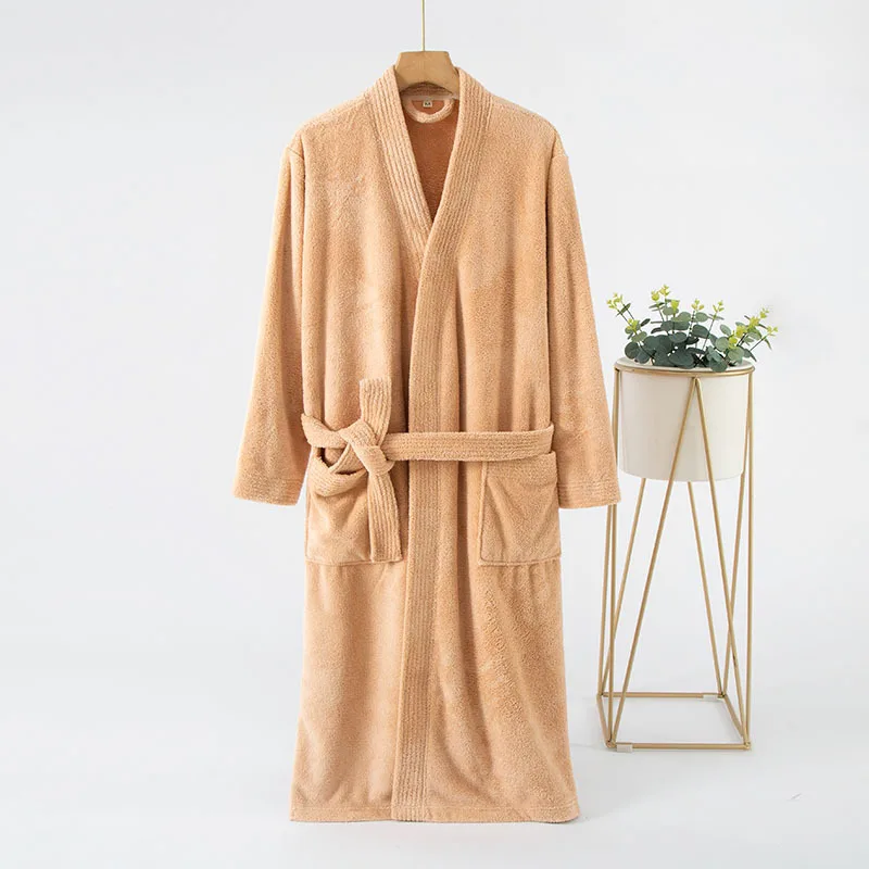 Couple Solid Color Bathrobe Winter Plush Warm Robe Women's Dressing Gown Knee Length Breathable Nightgown Home Clothe