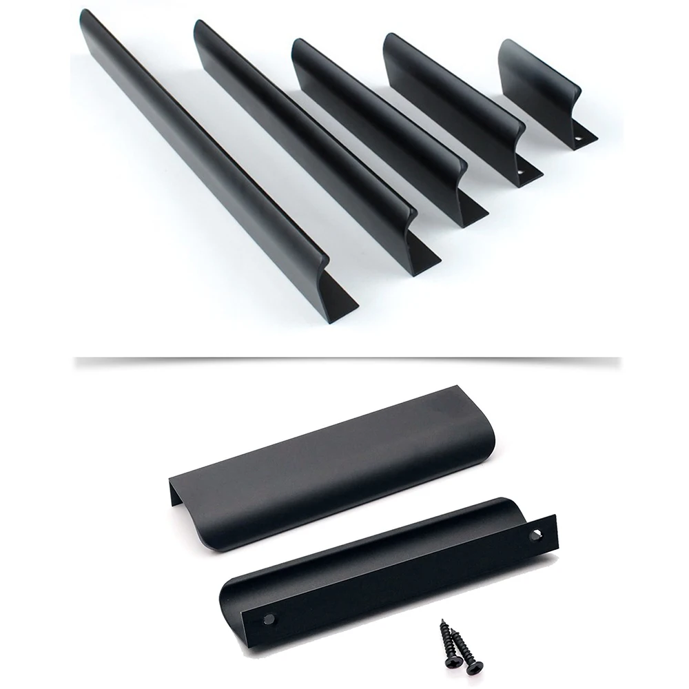 4 Uds. Tiradores ocultos para cajones de muebles, puerta de armario de cocina, tiradores negros, tiradores modernos de aleación de aluminio con borde de dedo para armario