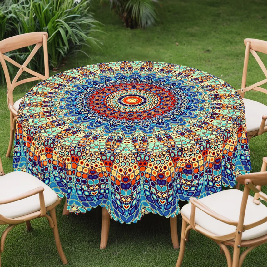 1 Piece of Bohemian Mandala-Themed Round and Rectangular Tablecloth, Available in Various Sizes, Featuring a Colorful Gradient Geometric Pattern as the Core, with Printed Tablecloth Adorned with Symmetrical Radial Star Designs, Embossed Edges, Suitable for Home Dining Rooms, Garden Picnics, and as an Exotic Atmosphere Decoration, a Four-Season Decorative Gift