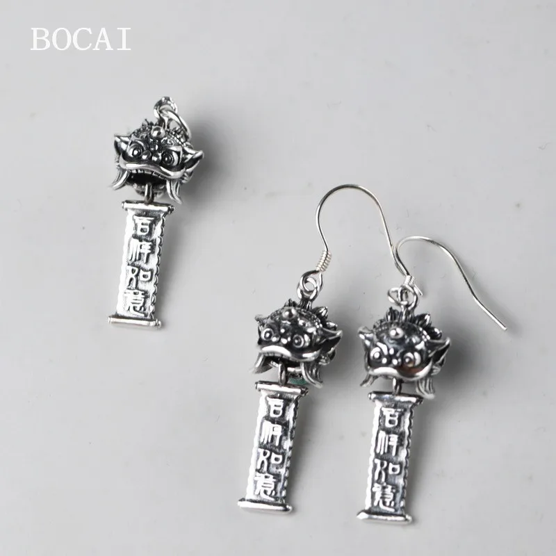 BOCAI New S925 Silver Retro Fashion Goin Pattern Female Lion-awakening Lucky  Pendants Earrings Set Jewelry Accessories