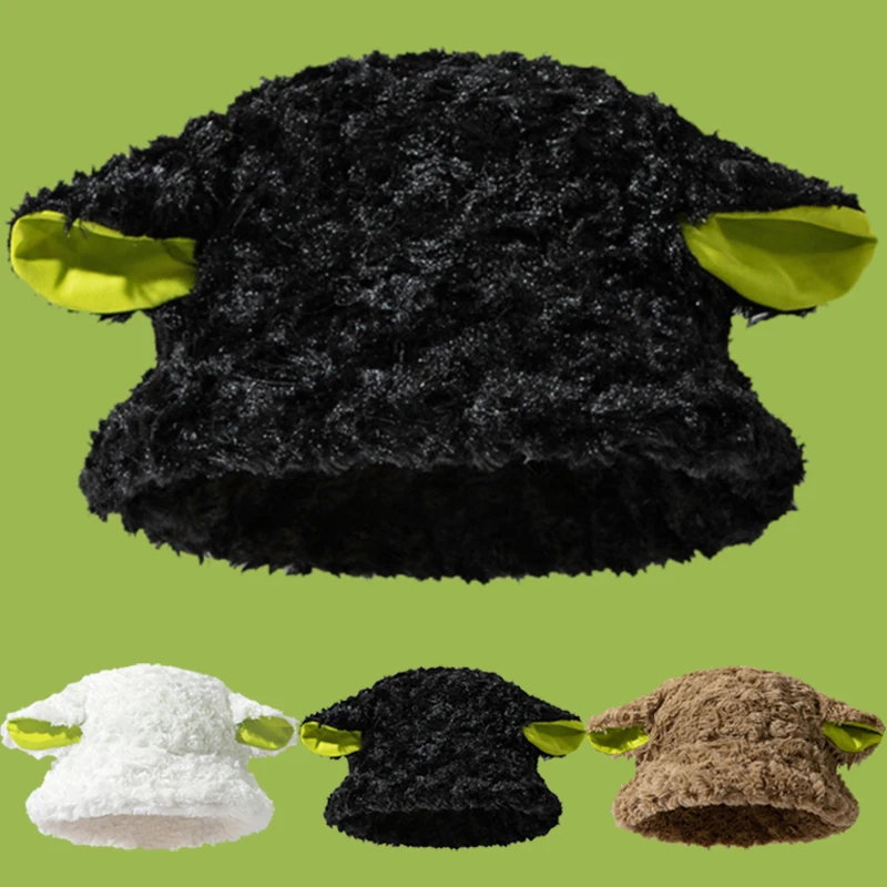 Lambs Cap Sheep Ear Women Cute Horn Bucket Hat Winter Wool Plush Panama Caps Girls Faux Fur Soft Fisherman Sun Hats Basin Hat