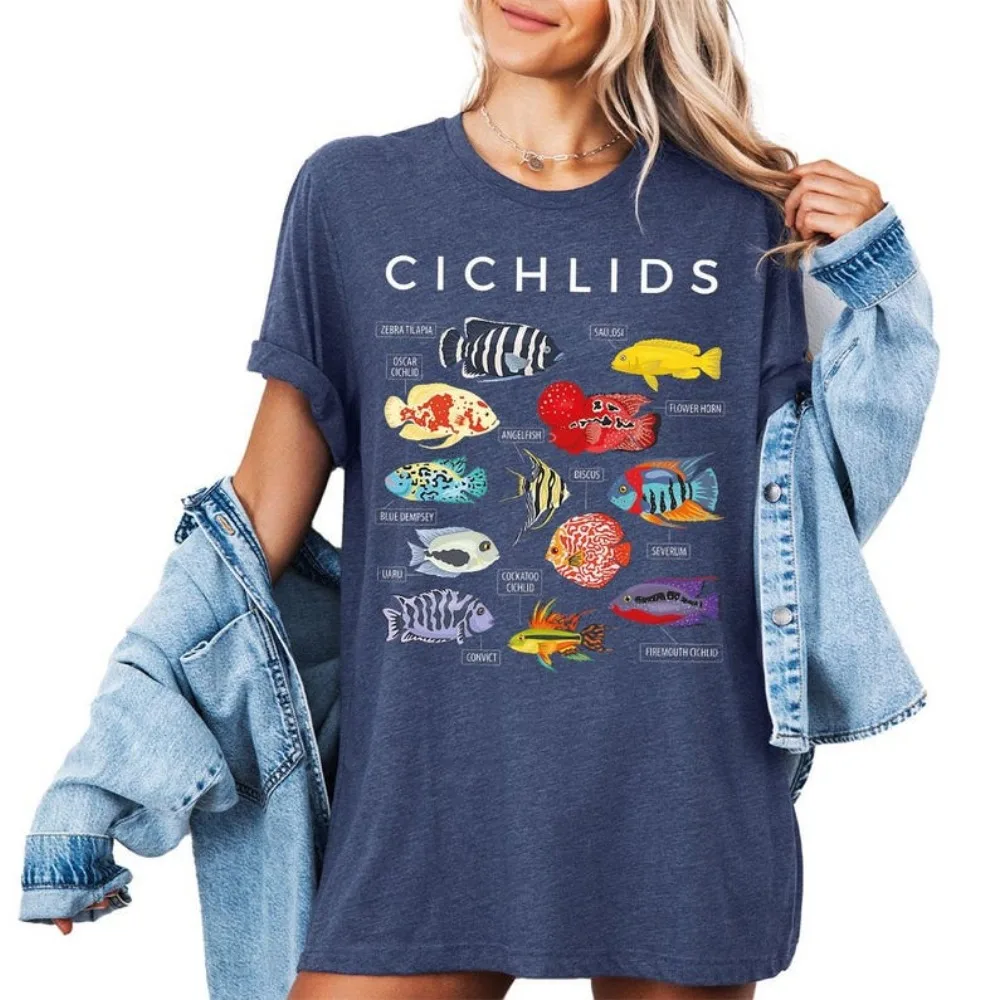 Cichlid الأسماك قميص ملون الأسماك الاستوائية تيز حوض السمك عاشق هدية الأنواع الرسم البياني قميص علم الأحياء المعلم تي شيرت الحيوانات الأليفة الأسماك المحملة
