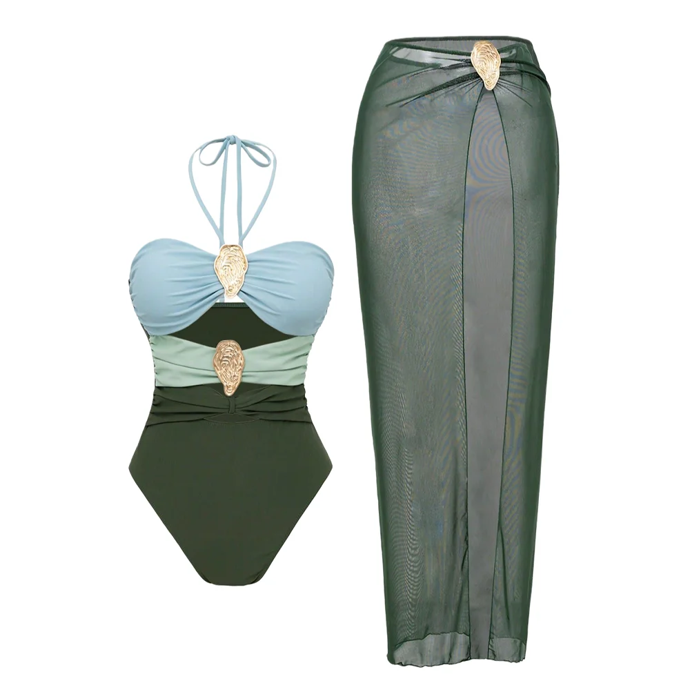 

Sexy Women's Color Block Halter Swimsuit with Mesh Skirt 2025 Summer Tummy Control Bathing Suit Beachwear