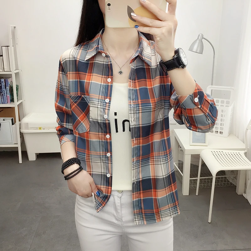 

Women's Plaid Long Sleeve Shirt Loose Fit Korean Style Retro Hongwei Base Layer Casual Spring Autumn Wear Single Outerwear