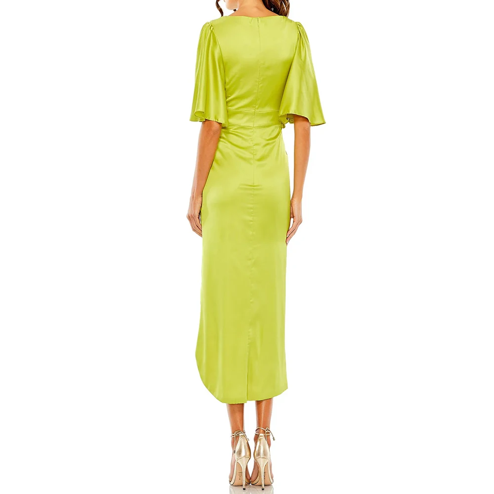 Women's Straight Cocktail Dresses Tea-length V-neck Half Sleeve Prom Gown Simple Fashion Pleat Side-split Casual Customized Gown