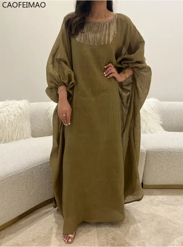 

Vintage Cotton Linen Fashion Loose Long Dress Women Casual Lantern Sleeve Pullover Dress Elegant Tassel O Neck Female Maxi Dress