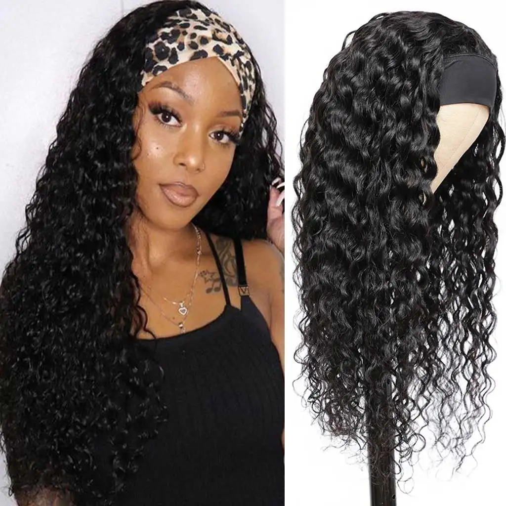 Black Deep Wave Ice Silk Headband Wig Wear And Go Straight Virgin Human Hair Band Wigs Beginner Friendly Body Wave Hairband Wigs Curly Half Wig