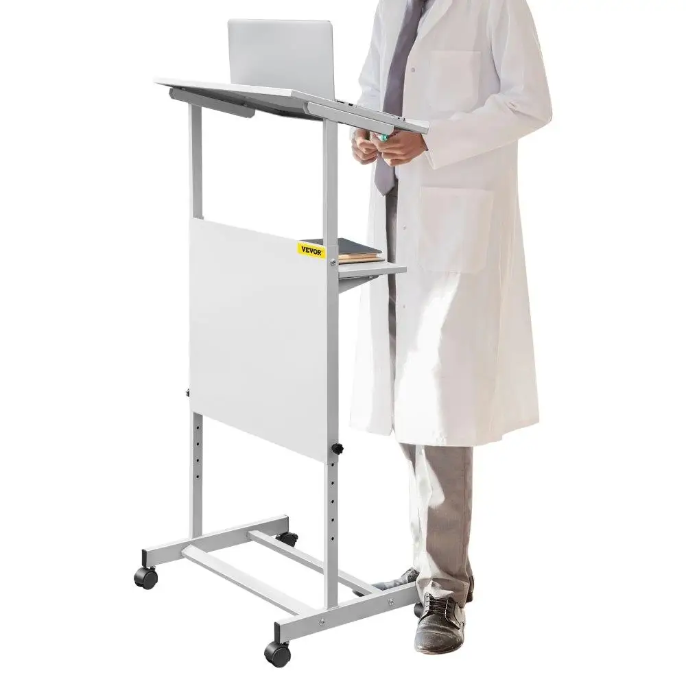

Portable Height Adjustable Lectern 4 Rolling Casters Storage Shelf White for classroom Concert Church