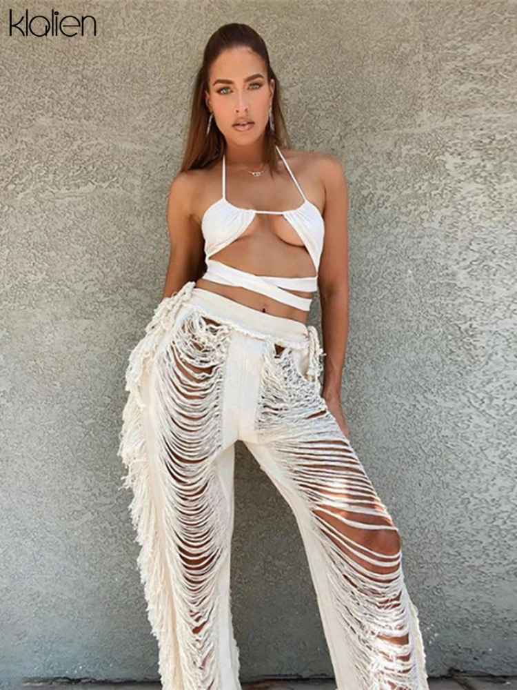 KLALIEN Casual Sexy Hip Hop Punk Hole Wide Leg Pants For Women Autumn 2022 New Side Tassel Knit Trousers High Waist Street