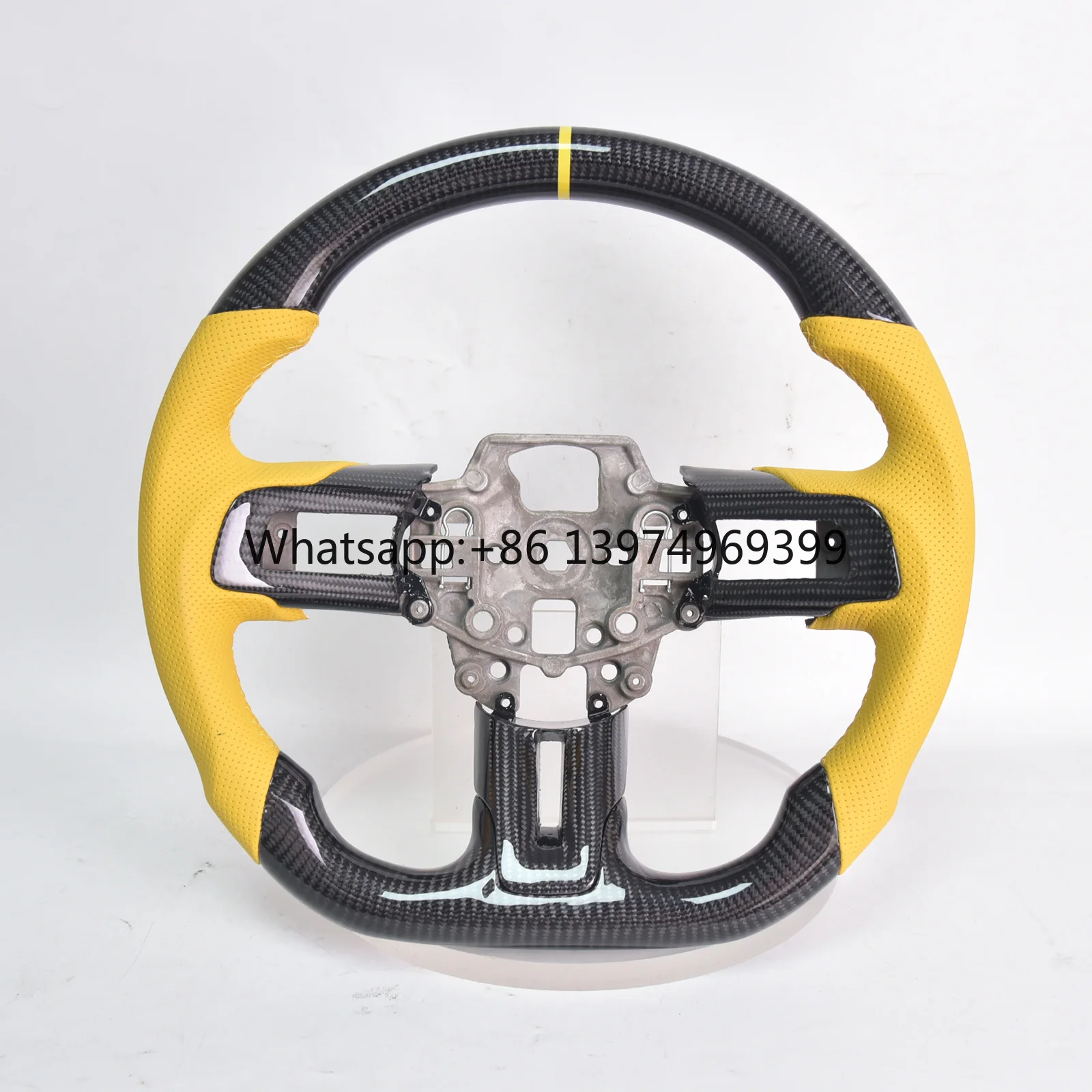 Carbon Fiber D-shape Steering Wheel for Ford Mustang GT/GT350/GT350R 2015-2017, Yellow Nappa Leather Flat-bottom Grip with Trim