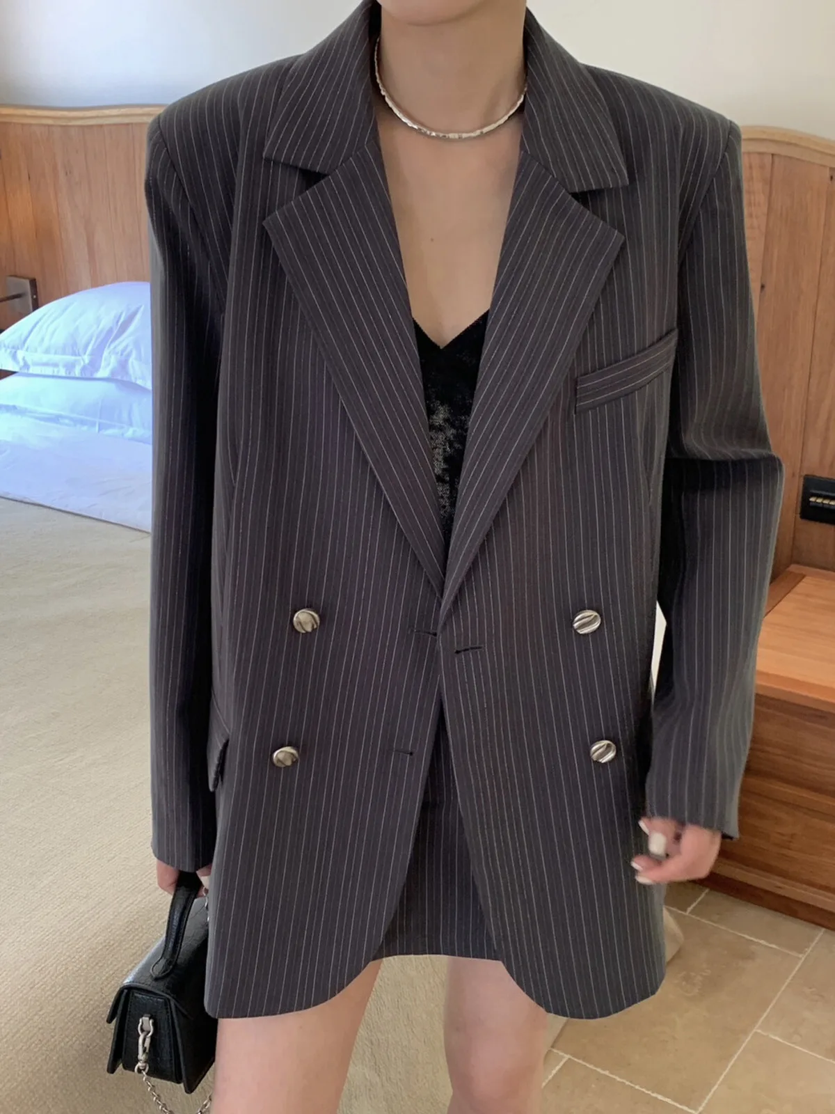 KWTX 여성 블레이저 더블 브레스티드 컬러 블록 스트라이프 라펠 캐주얼 엘레강트 디자이너 프리미엄 가을 패션 미니멀리스트 2025