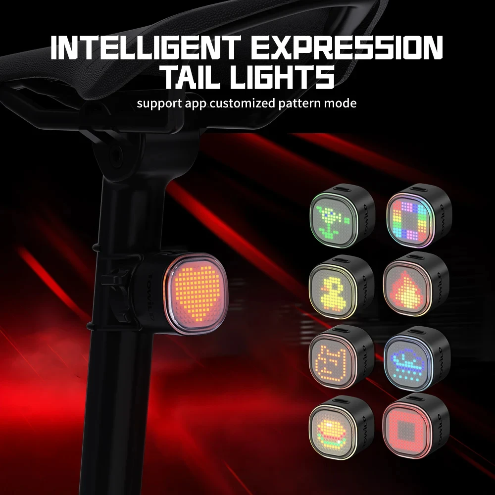 TOWILD TL08 Intelligent Expression Taillight 140 Cob Led Braking Sensor Bike Rear Light Customizable Cycling Emoji Taillights