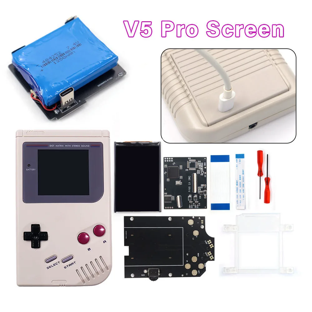 

Rechargeable V5 Pro IPS Screen RIPS Housing Color Case Pixel OSD FRM Backlight Highbright LCD Mod Kits for GAMEBOY DMG GBO