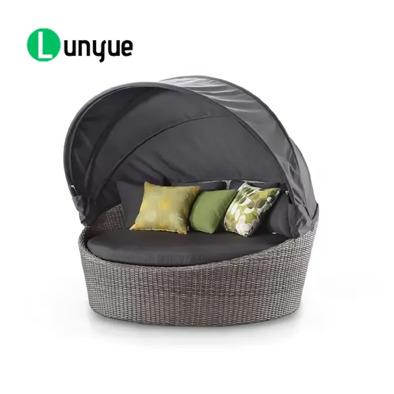 Round Rattan Outdoor Lounger Bed with Canopy Patio Garden Furniture Leisure Daybed Sunshade Weather Resistant Comfortable