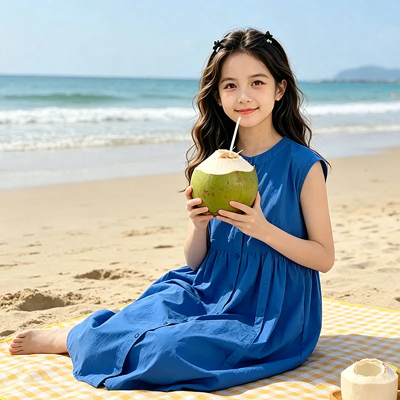 Girls Maxi Dress Breathable Sleeveless Button-Down Dress Summer Beach School Dresses For Kids Blue Beige Clothing With Pockets