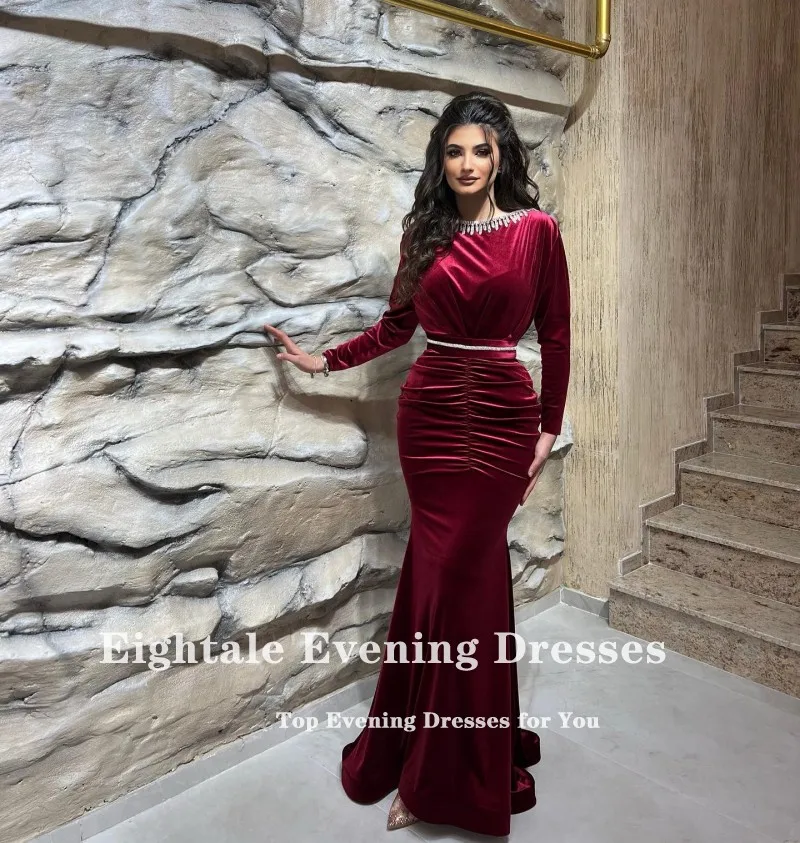 Eightale Velvet Evening Dress for Wedding Party O-Neck Long Sleeves Burgundy Beaded Sexy Pleats Arabic Mermaid Prom Gowns