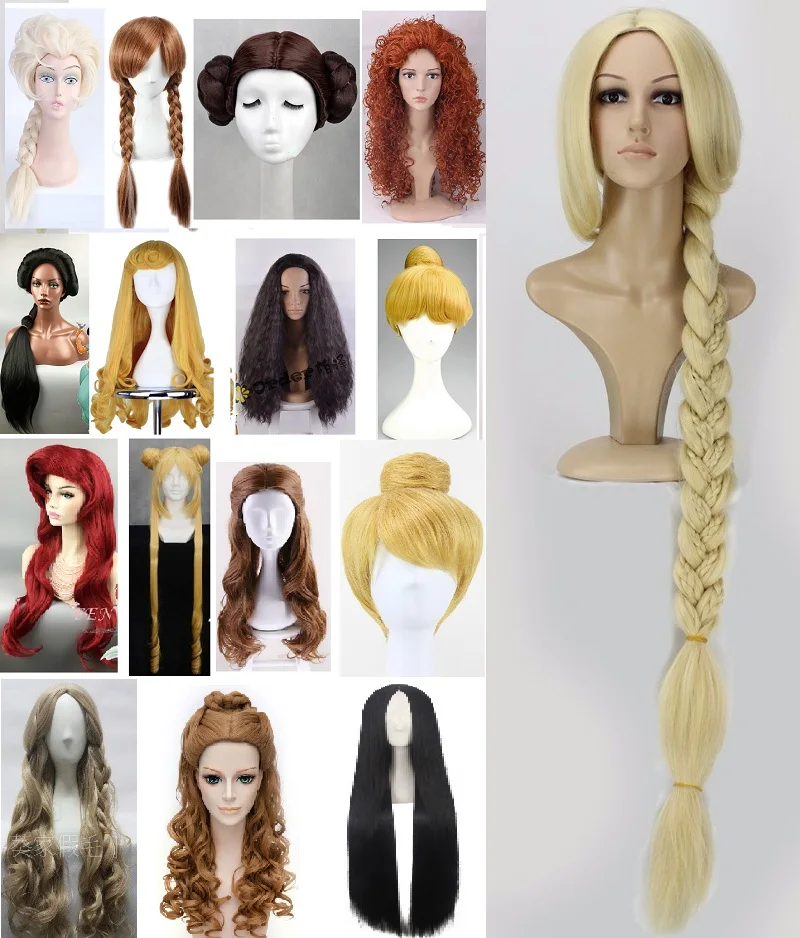 Ralph Breaks the Internet Cosplay Wig Princess Rapunzel Belle Aurora Merida Moana Cinderella Jasmine Ariel Snow White Hair Wigs