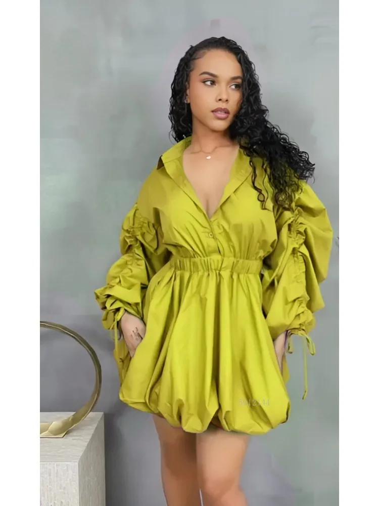 

Сексуальное повседневное платье с длинными рукавами и завязками на талии, пышное платье с воротником рубашки и длинными рукавами, женское зимнее осеннее платье 2026, новинка