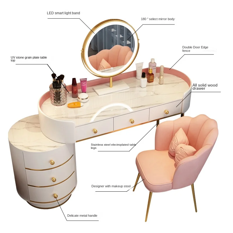 Luxury Led Mirror Dressing Table Gold Nordic Bedroom Storage Dressing Table Set Woman European Penteadeira Princess Makeup Stand