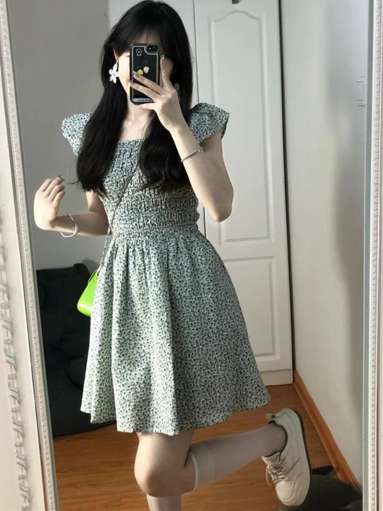 Abiti floreali Donna Prairie Chic Design Semplici Studenti Estate Mini Abiti Manica volante Pieghe dolci Tempo libero Stile coreano Ins