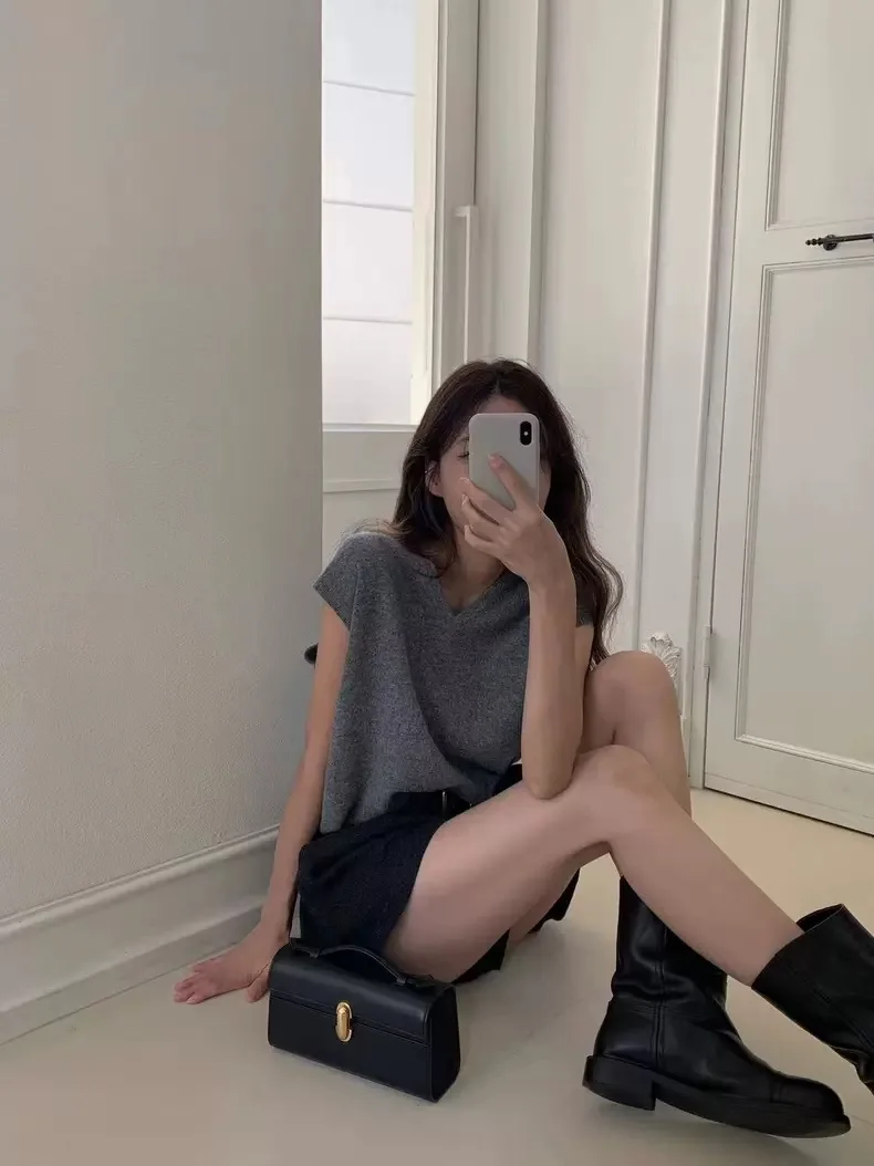 التخسيس V-Ne محبوك سترة المرأة فضفاضة Svel الأعلى Dongda بوابة الخريف Faion تخفيف Sle لون نقي لا زر #4