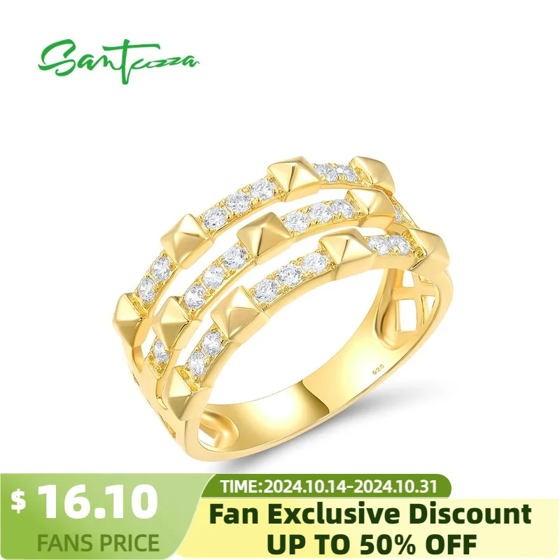 SANTUZZA Genuine 925 Sterling Silver Ring For Women Sparkling White Cubic Zircon Geometric Classic Wedding Gifts Fine Jewelry