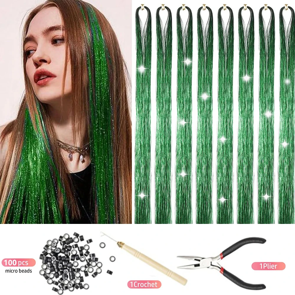 

Мишура для волос, 50 дюймов, 8 упаковок, 1600 прядей, синтетические наращивание волос, блестящие аксессуары для волос, сверкающие сказочные блестки для женщин и девочек