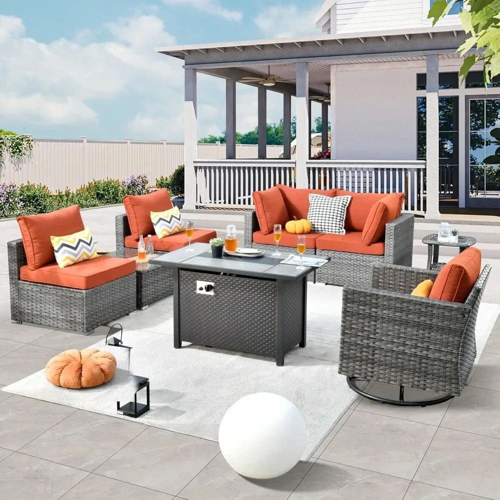 8 Piece Patio Furniture Set, Outdoor Sectional Conversation Set, Wicker Rattan Sofa Set with Coffee Table